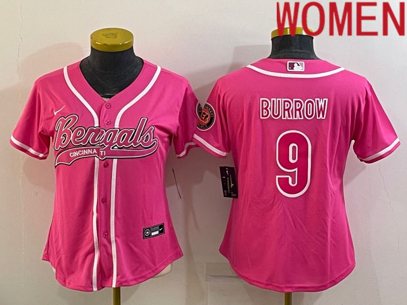 Women Cincinnati Bengals #9 Burrow Pink 2022 Nike Co branded NFL Jerseys->women nfl jersey->Women Jersey